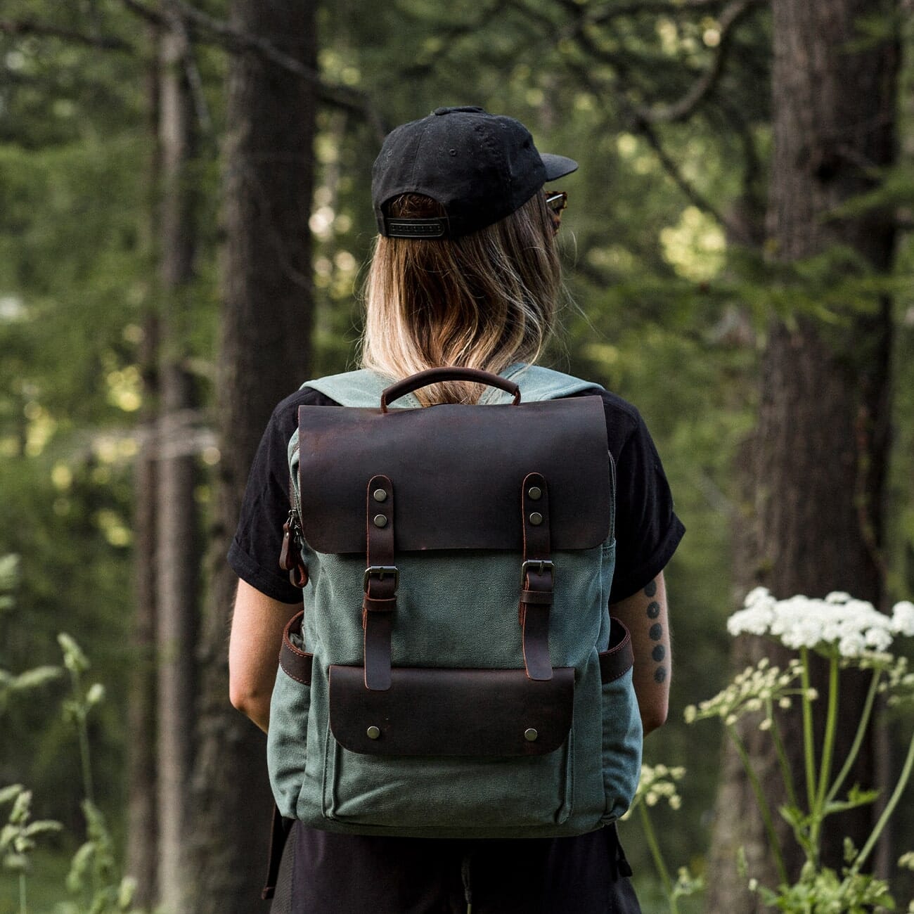 Woman wearing Helsinki canvas backpack