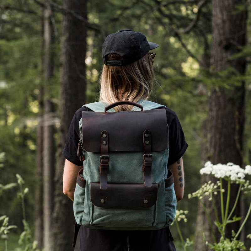 Woman wearing Helsinki canvas backpack