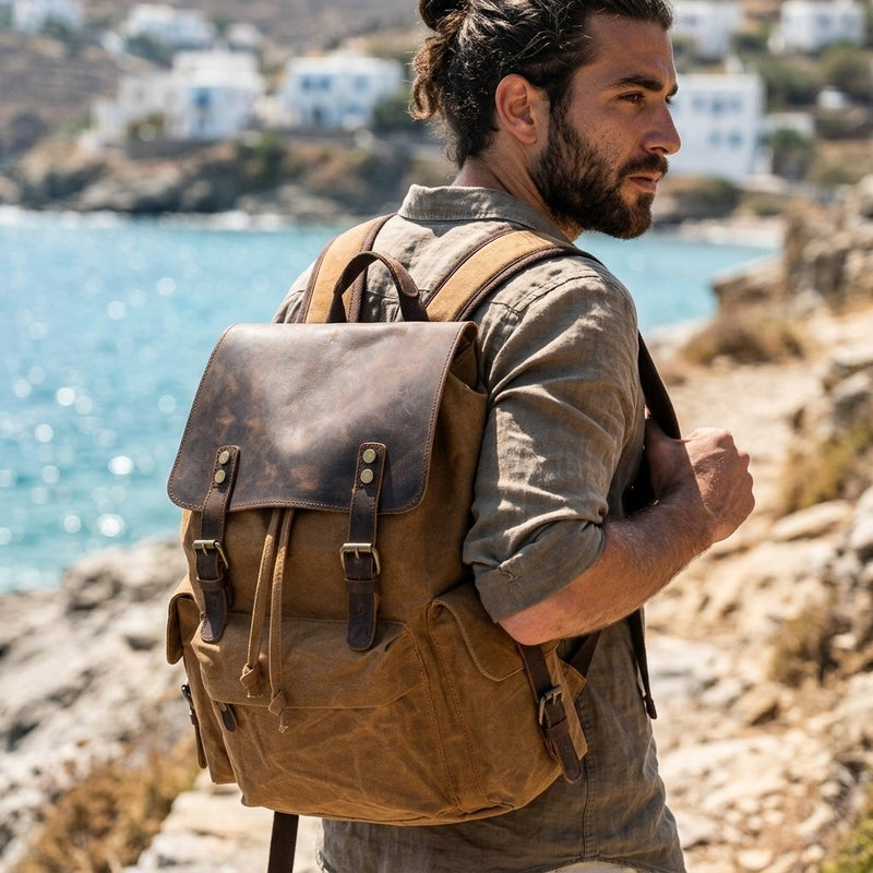 Man carrying Latvia backpack